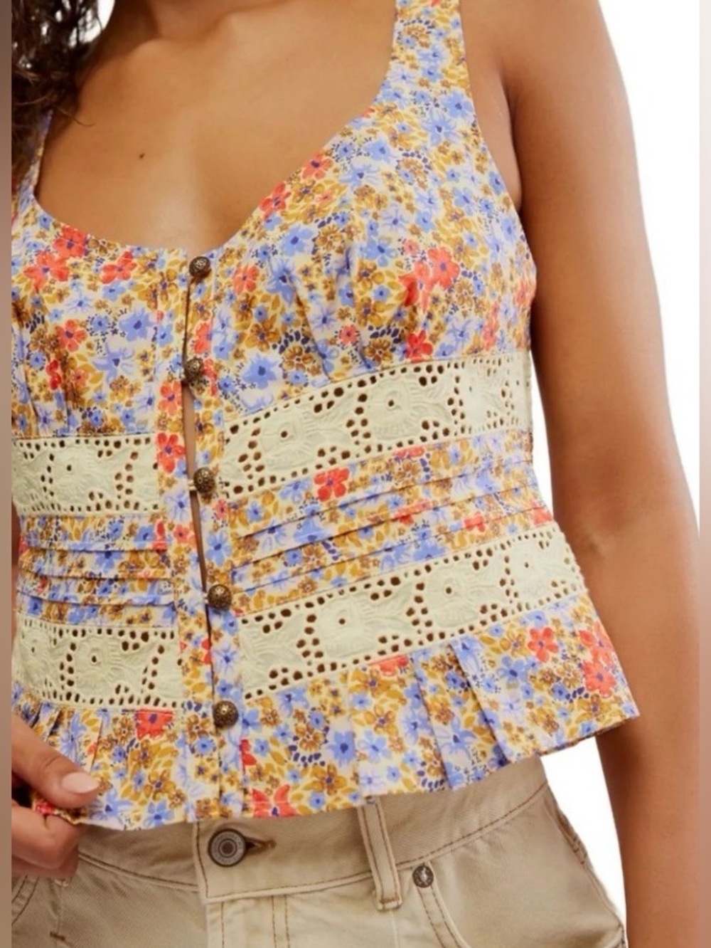 Free People Kiana Lace
Printed Peplum Tank Corset Inspired Coral Combo Sz L
